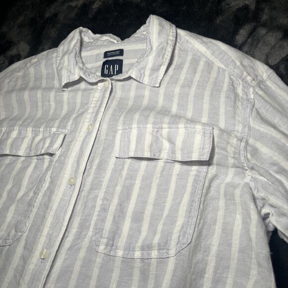 Gap 100% Linen Cropped Shirt Button Up Womens Size M Blue White Stripe Boxy - Picture 2 of 7